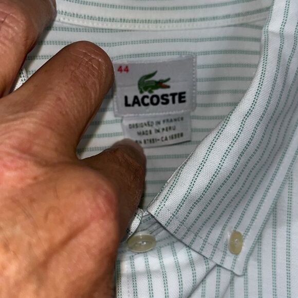 Green Stripe Off White Creme Mens Lacoste Alligator pocket LS men’s shirt 44 XL - Picture 7 of 9
